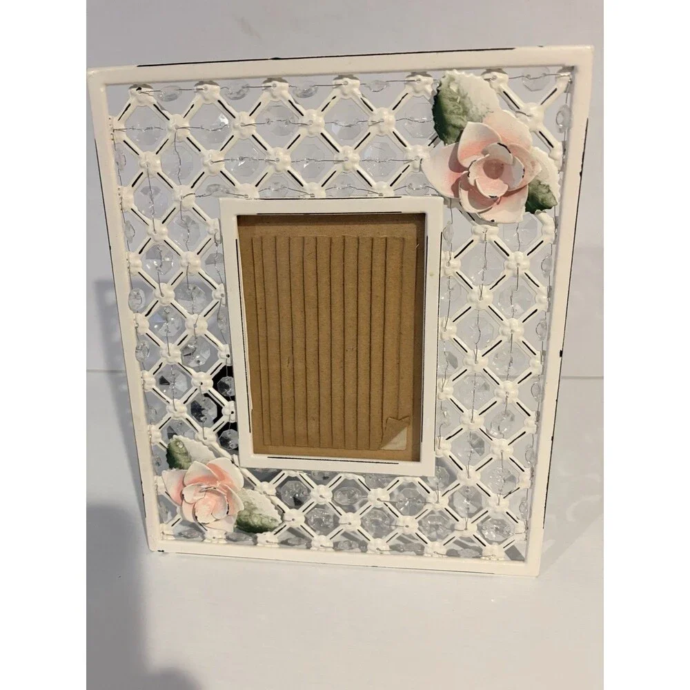 Vintage Interior Accents Shabby  Roses Photo Frame Crystal Beads Metal Floral